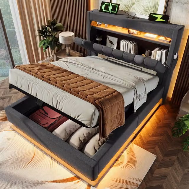 Letto singolo imbottito 90 × 200 cm con testiera contenitore LED USB e Type-C in lino grigio