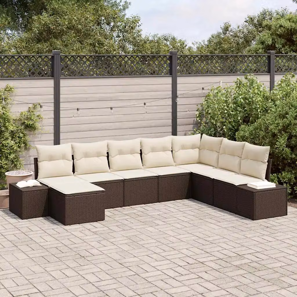 Set Divano da Giardino vidaXL 8 Pezzi a Forma di L in Polyrattan Marrone e Beige con Cuscini e Tavolino da Esterno – 1