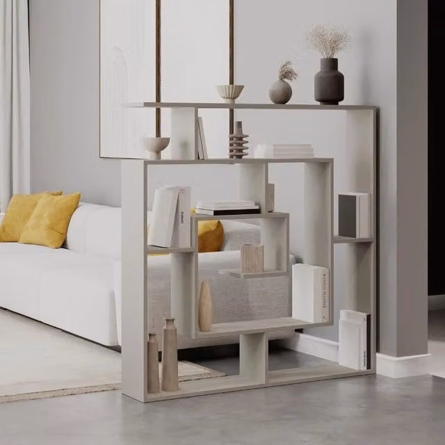 Libreria Labirent Cashmere Veriaffari con 9 ripiani, colore beige, L 125 cm x P 22 cm x H 129 cm