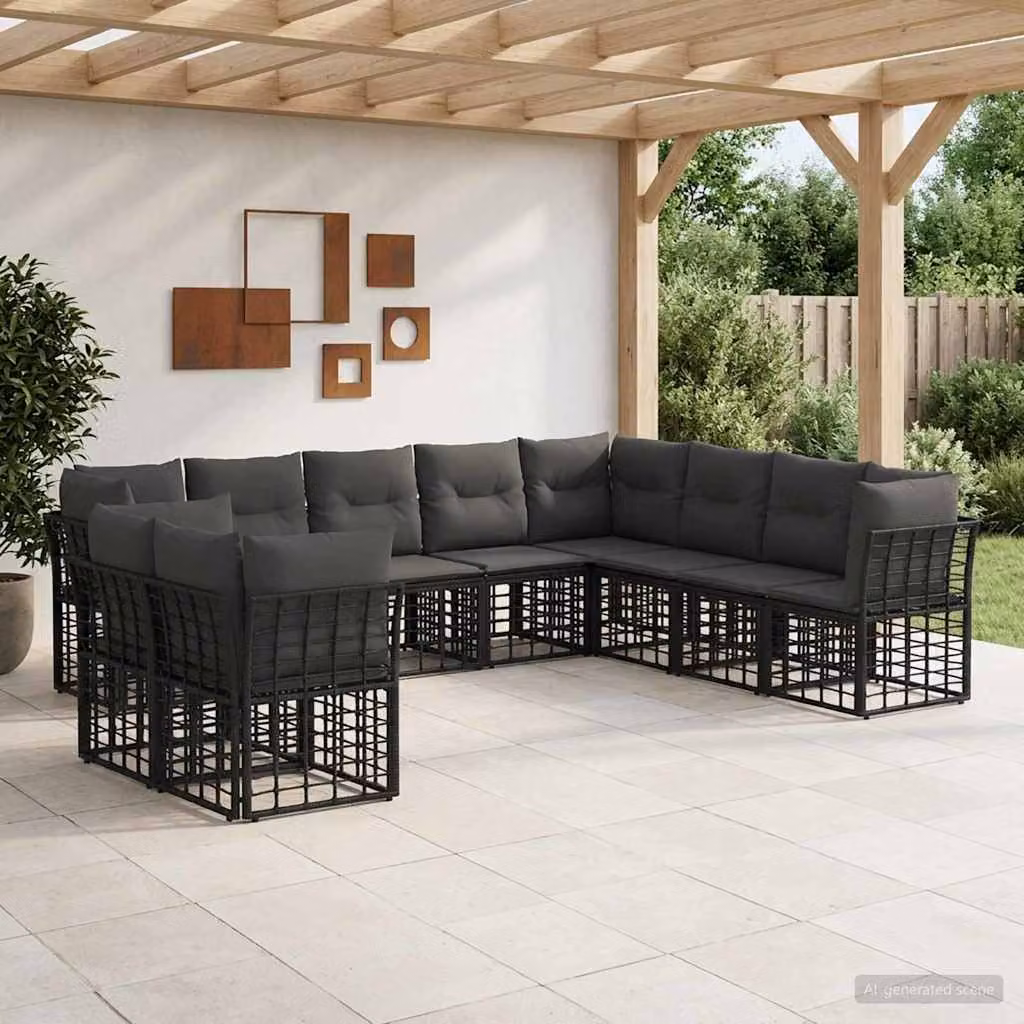 Set di divano da esterno a L vidaXL in rattan nero con cuscini inclusi