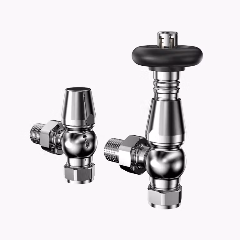 Valvole per radiatori TRV, cromate, con raccordo di ritorno da 15 mm, azionamento manuale