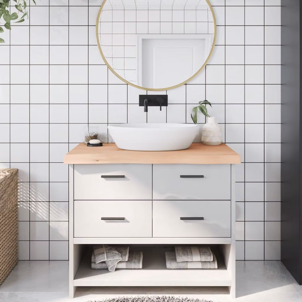 Piano Bagno vidaXL in Legno Massello Non Trattato, L: 100 cm, P: 60 cm, H: 2-6 cm, Colore Naturale