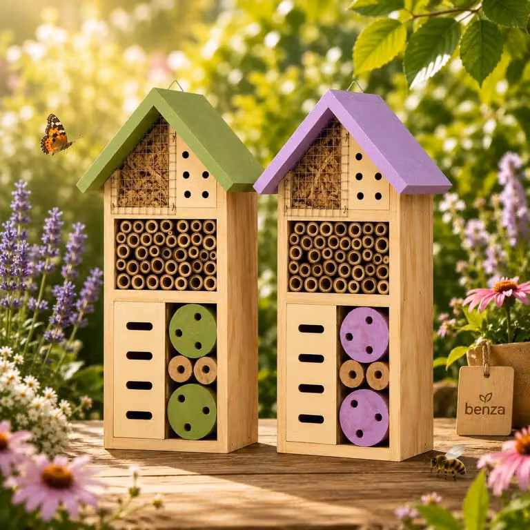 Benza – Set per hotel per insetti (2 pezzi) – Verde e lilla – 13 x 8,5 x 26 cm – Hotel per api e farfalle in legno – Ideale per giardino, balcone e terrazzo