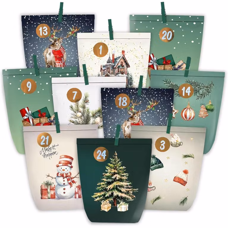 Calendario dell'Avvento con 24 sacchetti di carta, sacchetti per l'Avvento, colore verde acquerello