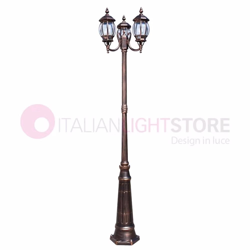 ENEA Lampione da esterno a 3 luci in alluminio per giardino e viali, Colore Nero e Rame, Altezza: 242 cm – 2