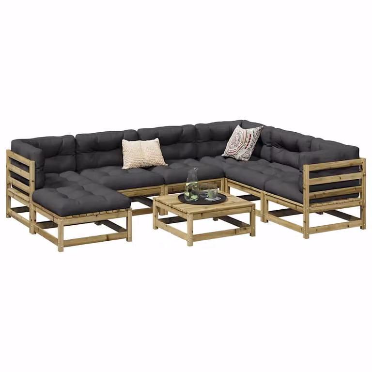 vidaXL Set Divani da Giardino 8 pz a Forma di L in Legno di Pino Impregnato con Cuscini, Marrone e Grigio