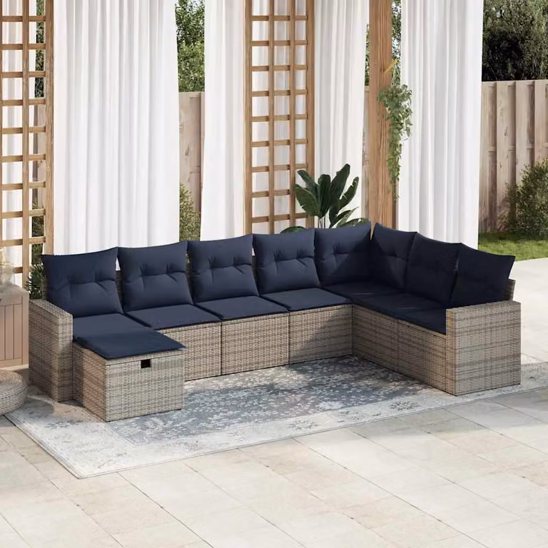 Set Divano da Giardino vidaXL a Forma di L con 8 Pezzi, Polyrattan e Cuscini Blu e Grigio