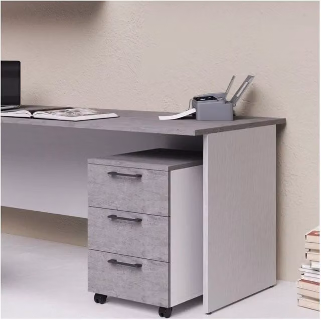 Cassettiera da ufficio 3 cassetti cemento e bianco frassinato Ibisco con ruote e serratura 40x55x58H