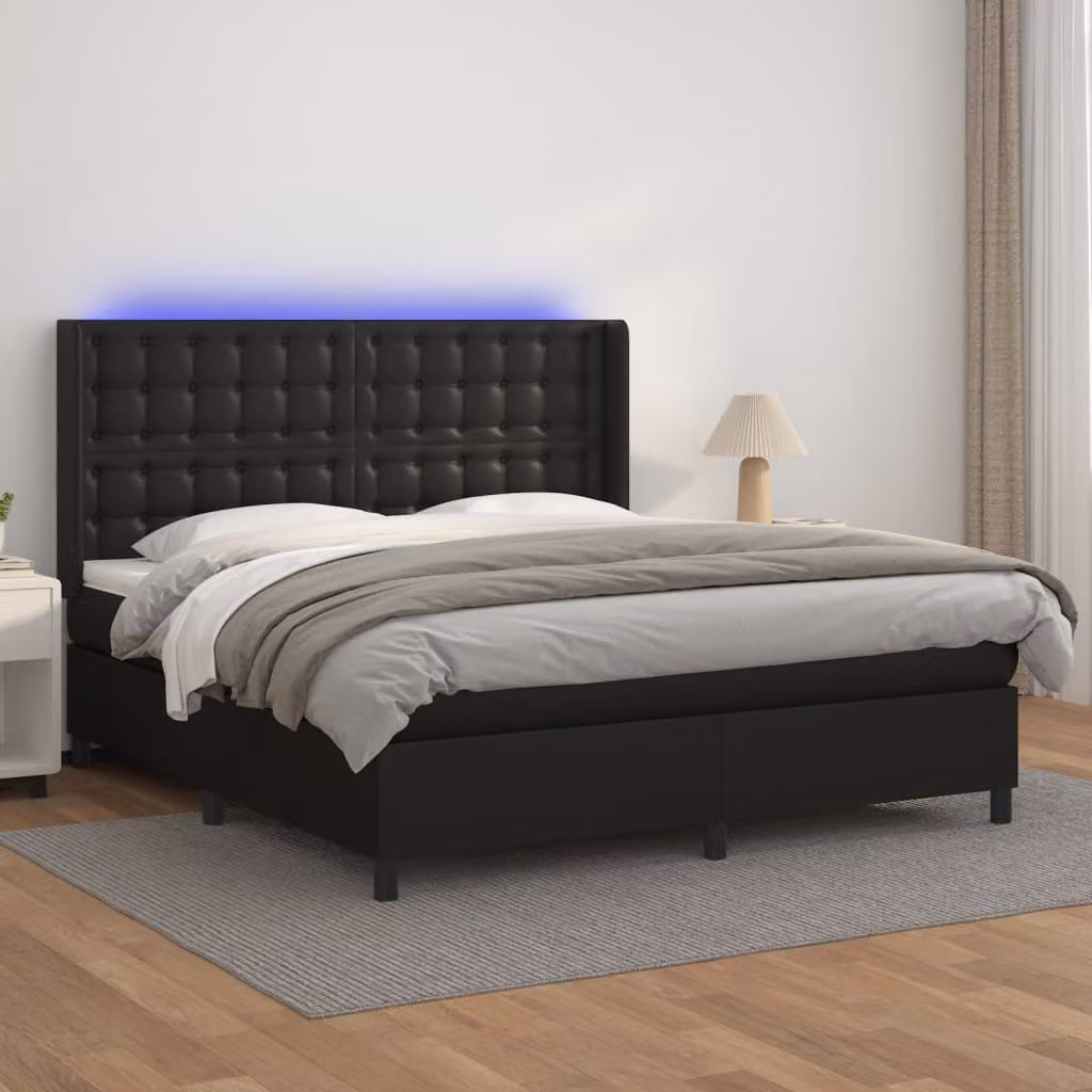 vidaXL Letto a Molle con Materasso e Illuminazione LED in Similpelle Nero L/P/H: 160 x 200 cm – 1