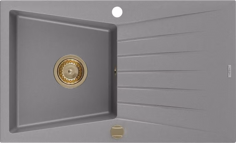 Mexen Cesar lavello in granito a 1 vasca con sgocciolatoio 775 x 470 mm, grigio, sifone dorato - 6514771010-71-G