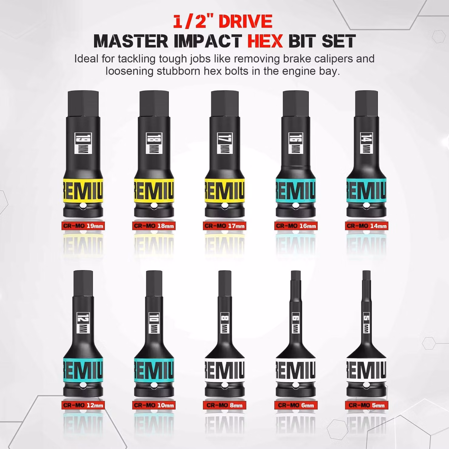 Set di chiavi a bussola esagonali da 1/2 pollice, 10 pezzi, dimensioni da 5 mm a 19 mm, per riparazioni automobilistiche