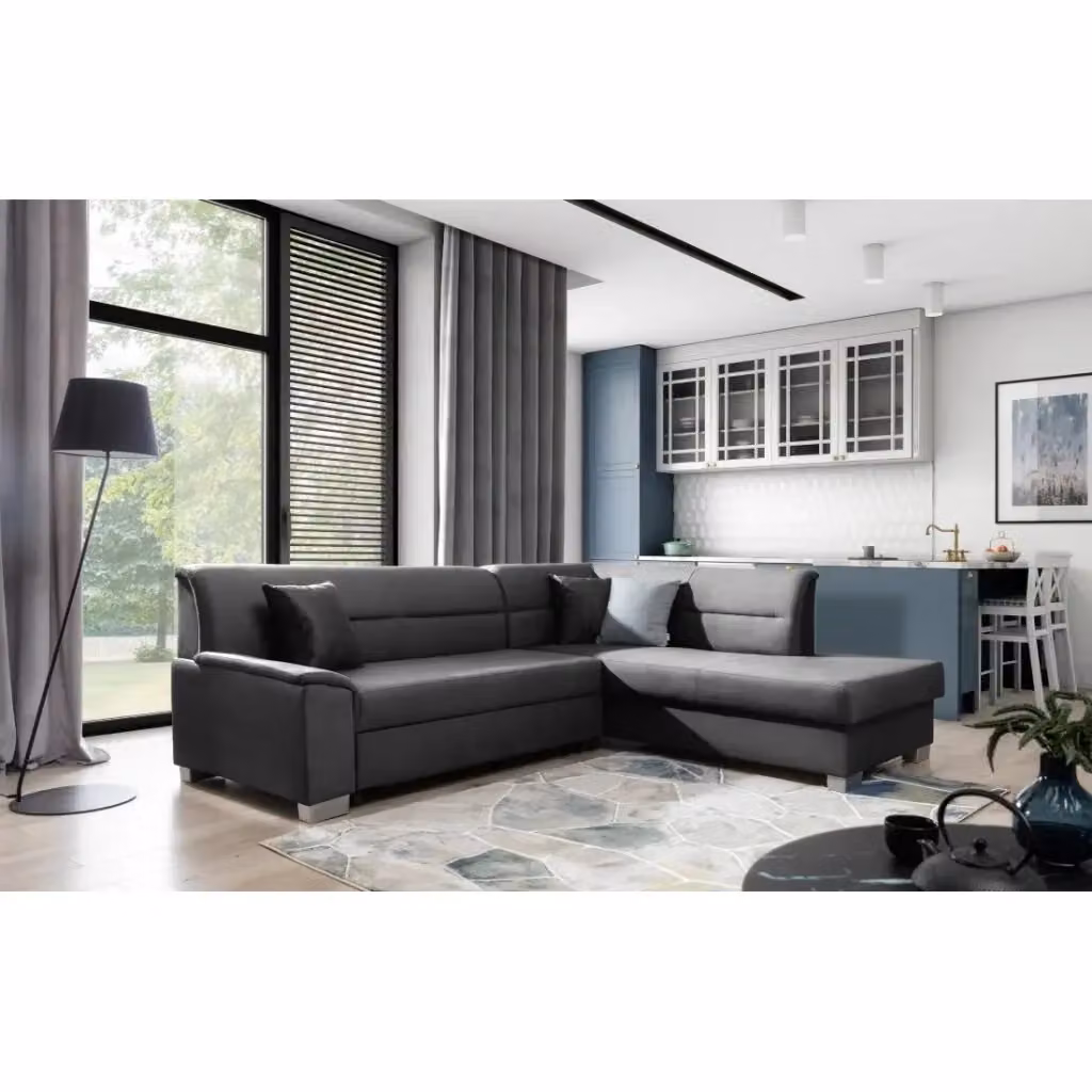 Divano angolare convertibile TROMSO MEUBLORAMA grigio con effetto velluto, angolo destro con contenitore e funzione letto, L/P/H: 247 x 141 x 83 cm – 2