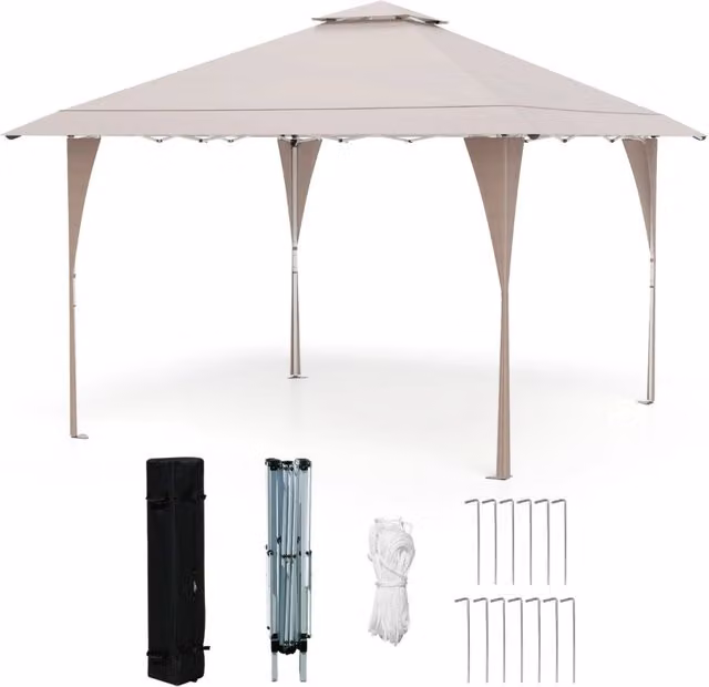 Tenda da gazebo con tetto ventilato e borsa per il trasporto, Riparo istantaneo regolabile 390 x 390 cm Khaki
