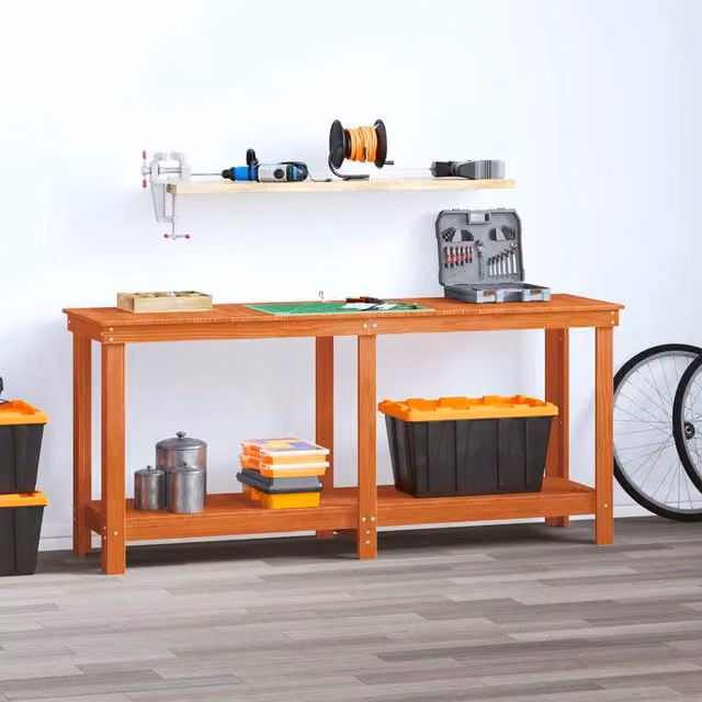 Banco da lavoro con scaffale vidaXL in legno di pino, colore marrone, L 180 x P 50 x H 80 cm – 1