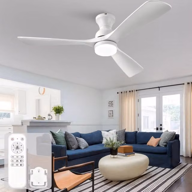 Ventilatore a soffitto Minimal bianco con illuminazione LED dimmerabile, 3 pale in legno massello e telecomando, reversibile – 1