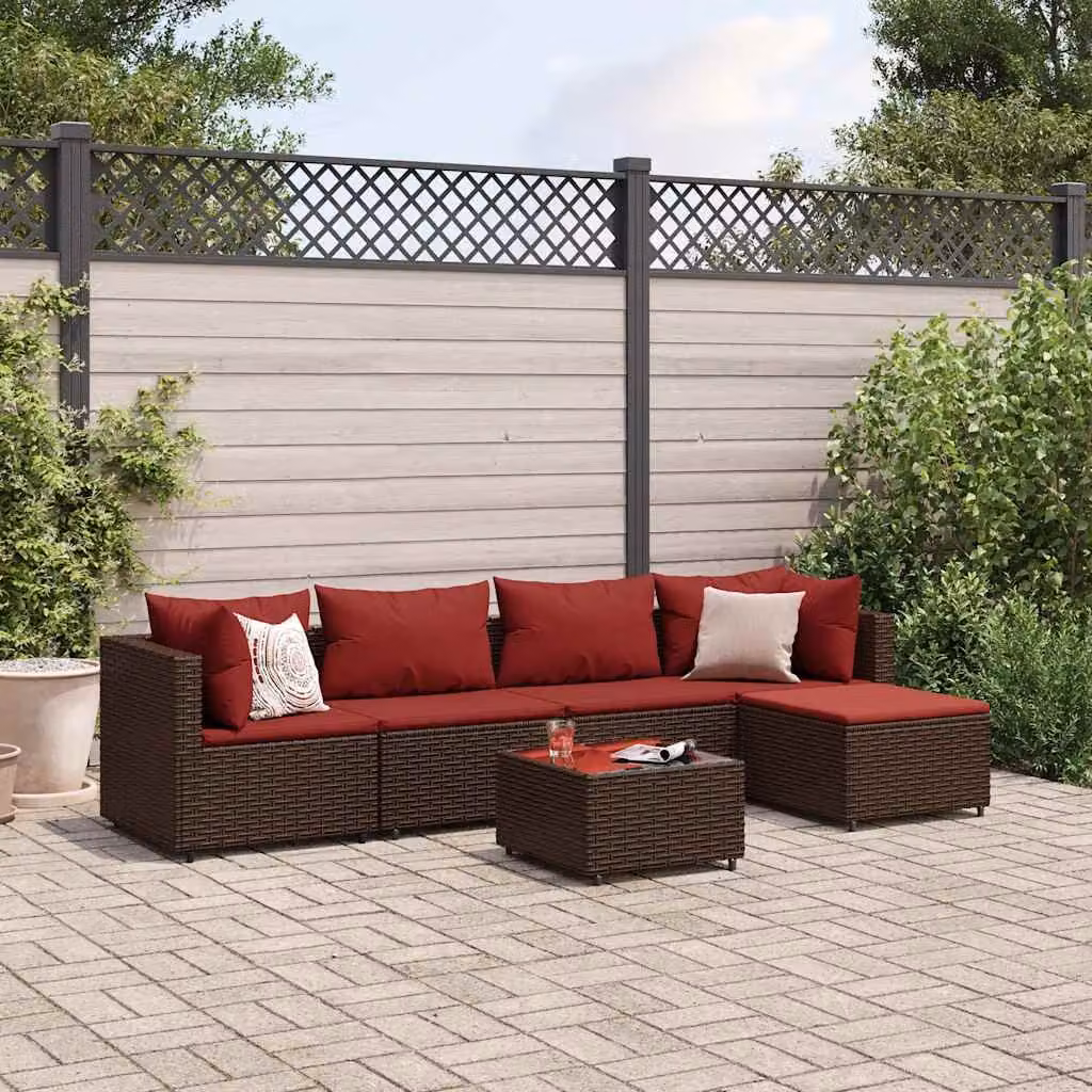 Set Mobili da Giardino vidaXL 6 Pezzi in Polyrattan Marrone con Cuscini e Tavolino da Esterno a Forma di L