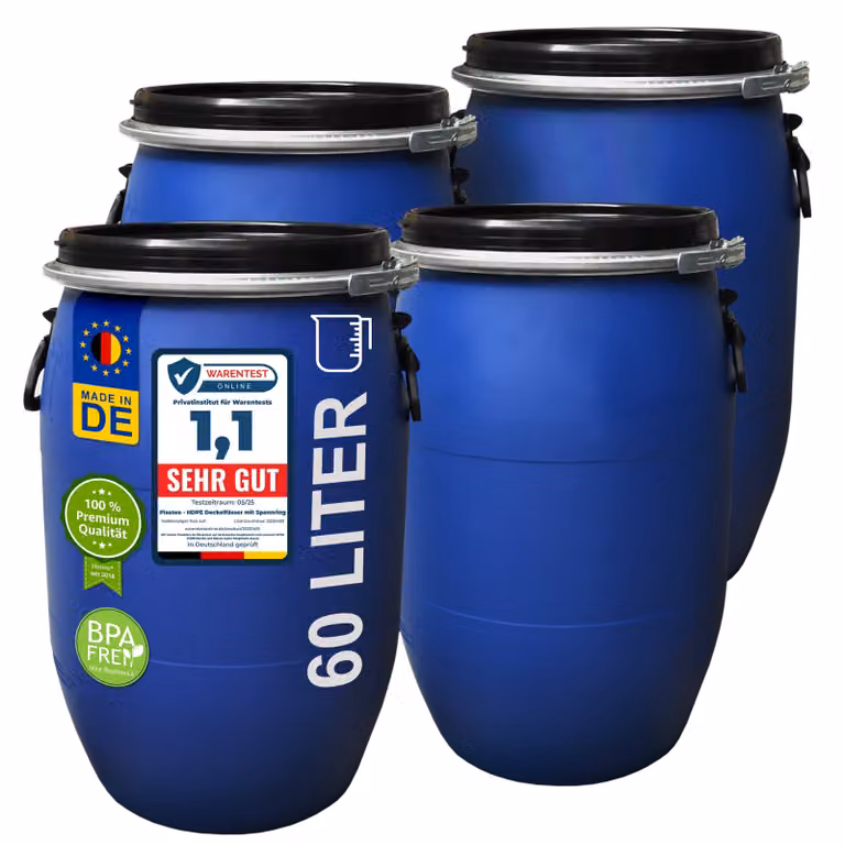 plasteo® 4 fusti da 60 litri con coperchio largo e chiusura a morsetto Fusto per alimentazione Fusto universale Fusto per stoccaggio Fusto per campeggio Fusto per trasporto Fusto per mash Fusto per pioggia