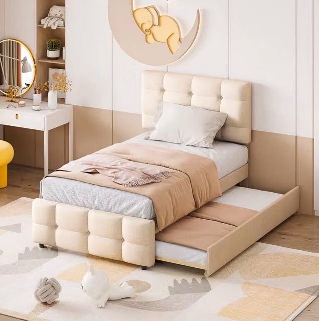Letto imbottito 90x200 cm con letto estraibile 190x90 cm; testiera regolabile; lino beige