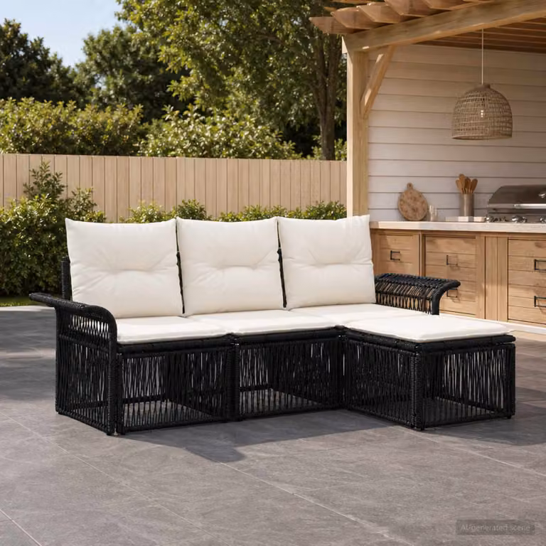 Set Divano da Giardino vidaXL a L in Polyrattan Nero con Cuscini e Ottoman