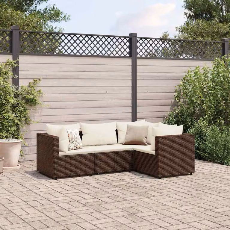 Set di mobili da giardino vidaXL composto da 4 pezzi con cuscini imbottiti in rattan e struttura in acciaio marrone e bianco