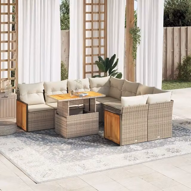 Set Divano da Giardino 9 pz con Cuscini Beige Polyrattan Acacia 3327691