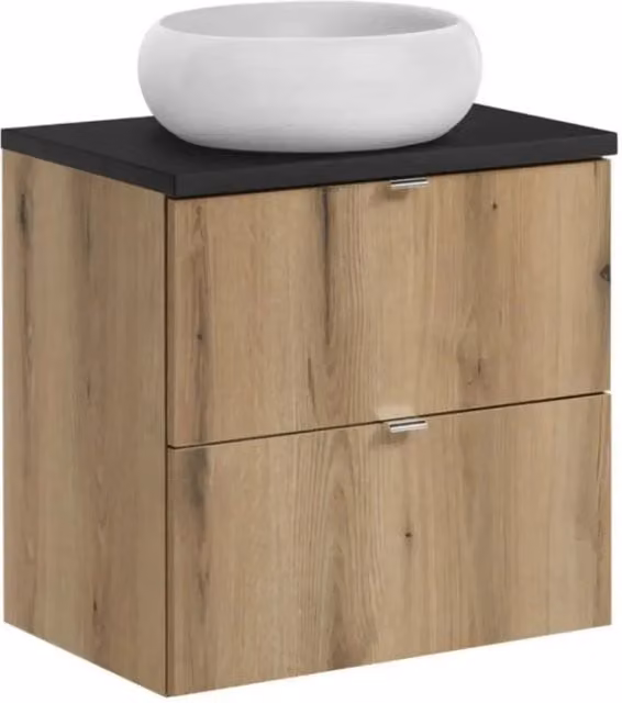 Set VANO finitura quercia e nero 60cm: mobile sottolavabo con cassetti + piano per lavabo + lavabo da appoggio rotondo bianco
