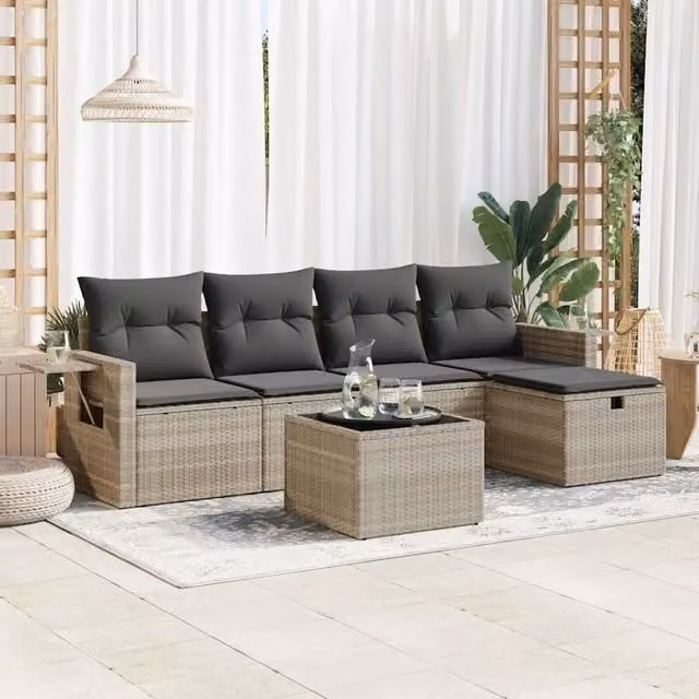 Set Divano da Giardino 6pz con Cuscini Grigio Chiaro Polyrattan 3325478