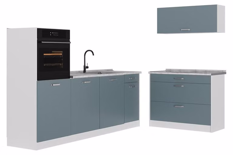 Cucina componibile Vicco R-Line Grigio-blu/Bianco 220 cm piano di lavoro Marmo, Model 67451