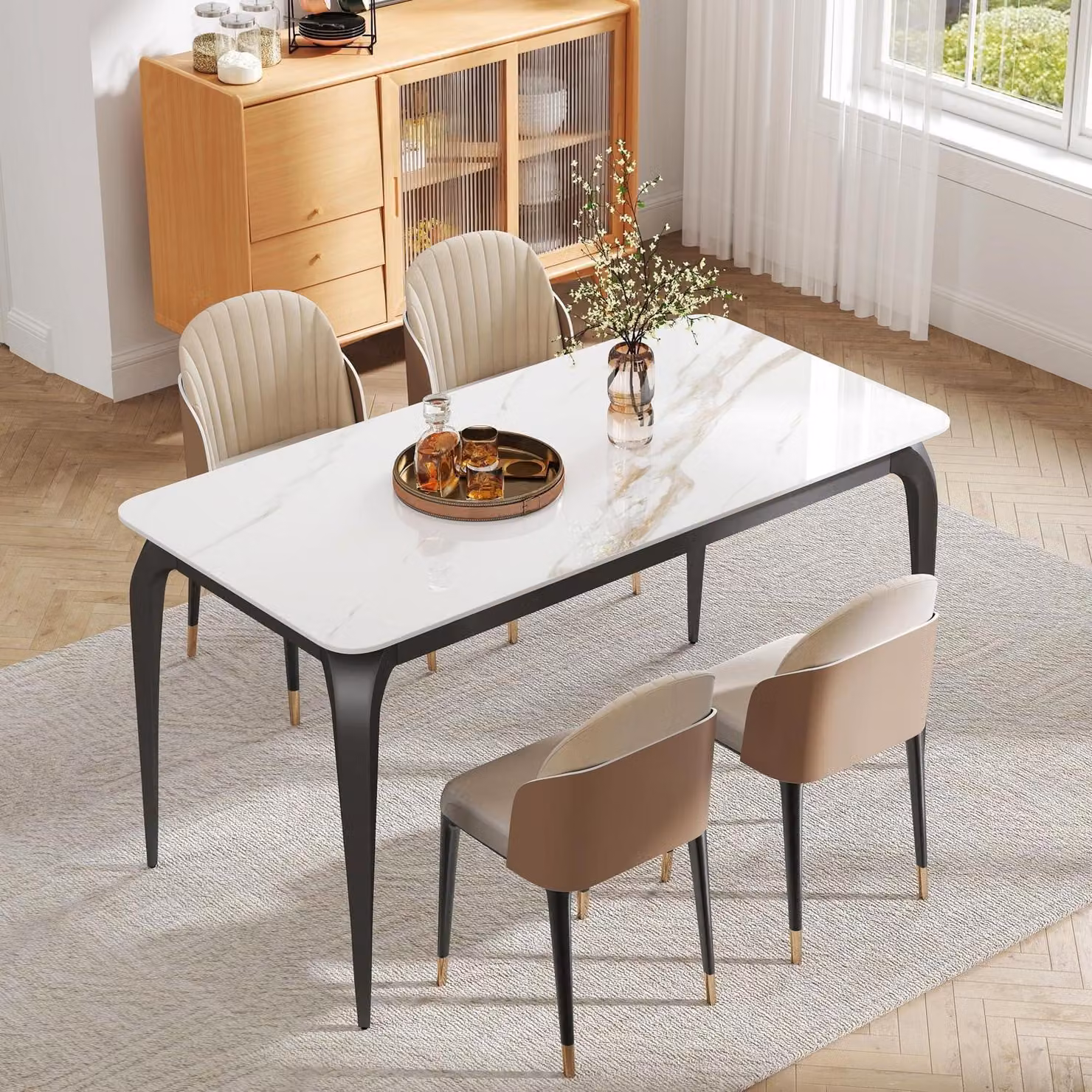 Tavolo da pranzo 140x70 cm, Vetroceramica bianca, resistente ai graffi, facile da pulire, per 4-6 persone