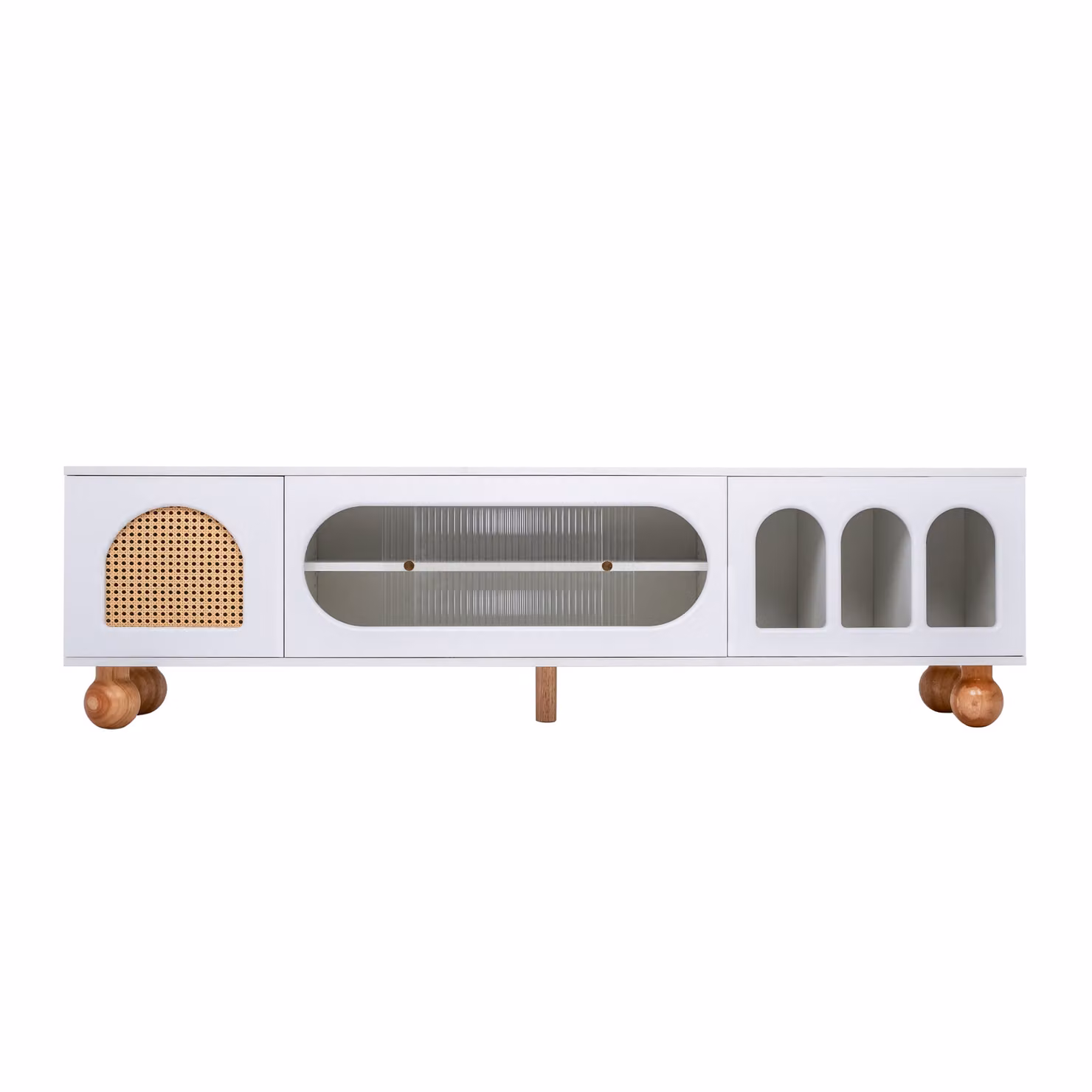 Mobile TV moderno GL Store bianco con anta scorrevole in vetro, dettagli in rattan e piedini in legno massiccio – 2