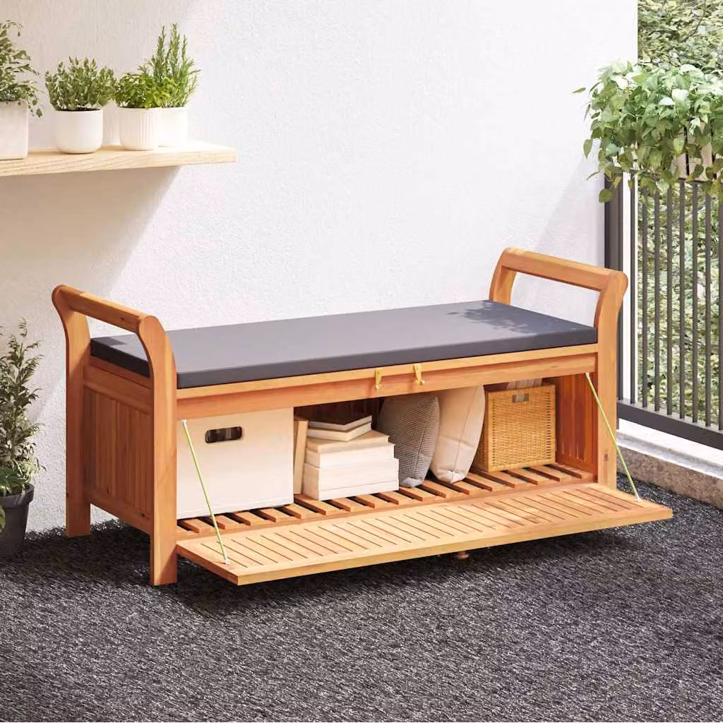 Panca portaoggetti da giardino vidaXL in legno di acacia con cuscini, L: 126 cm