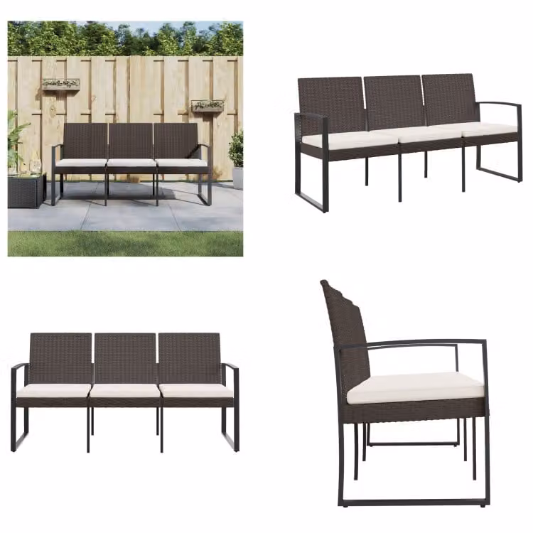 vidaXL Panca da giardino a 3 posti con cuscini in PP rattan marrone - Panca da giardino - Panca da giardino - Panchina - Panca da esterno
