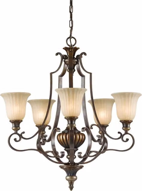 Lampadario Kelham Hall Feiss in metallo e vetro, colore oro fiorentino e bronzo, con 5 lampadine E27, regolabile in altezza e dimmabile