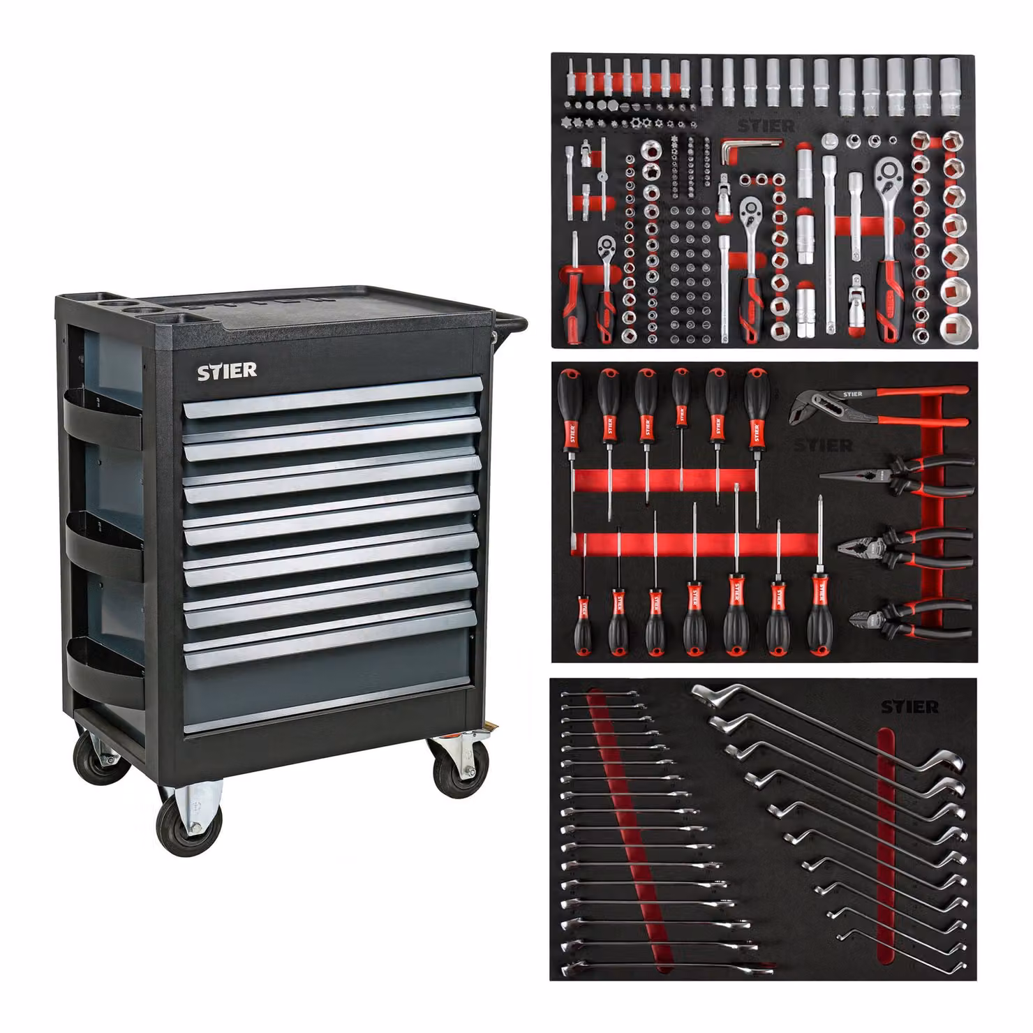 Carrello da officina STIER Premium completamente accessoriato, 223 pezzi, con copertura in plastica, portata 500 kg, utensili in inserti in schiuma morbida (EVA)