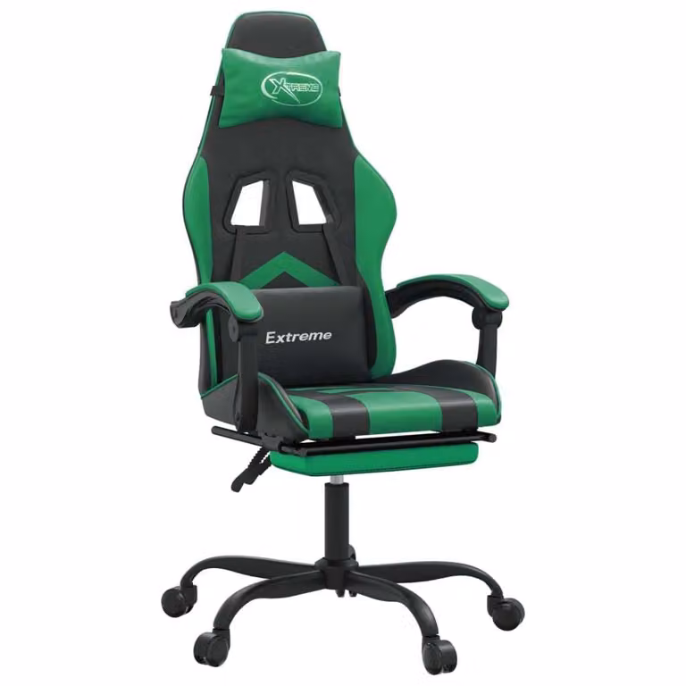 Sedia da Gaming con Poggiapiedi Nero e Verde in Pelle finta
