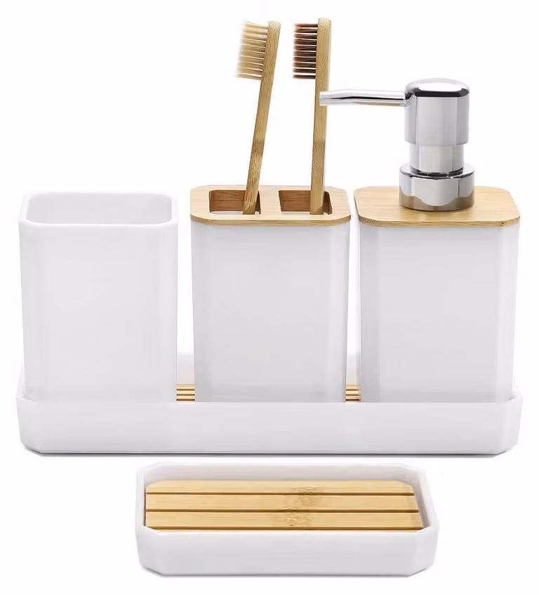 Set di accessori per il bagno, 5 pezzi, bianco, bambù e plastica (PS): dispenser per sapone, porta spazzolini, bicchiere per il dentifricio, saponiera, vassoio per il tavolo da trucco