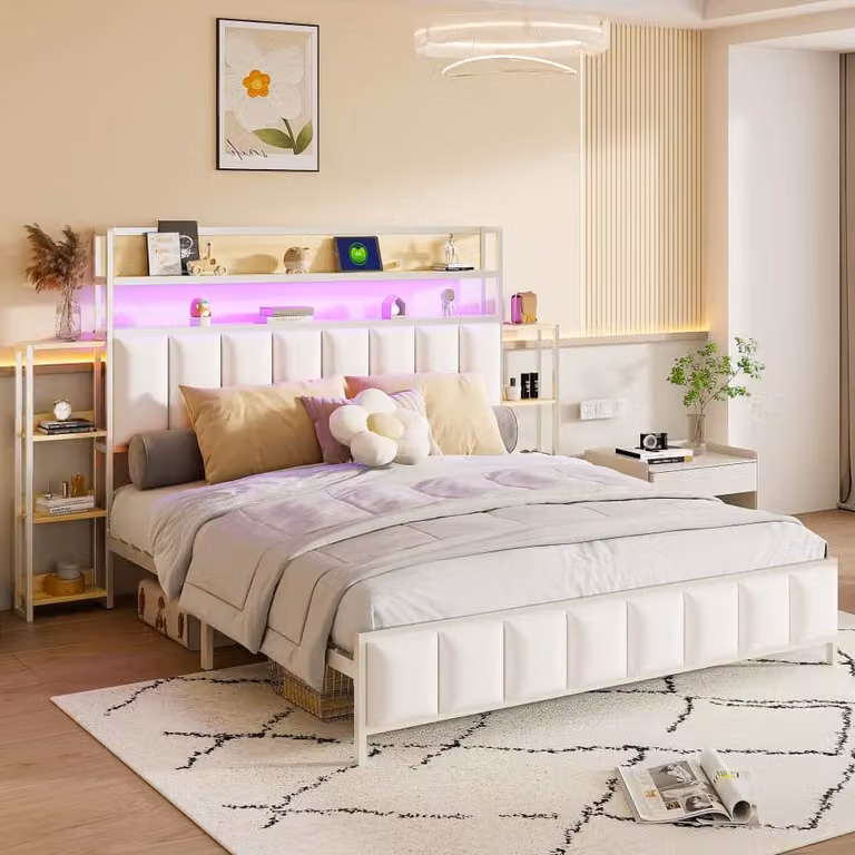 Letto imbottito AIORBER, 160x200 cm, con illuminazione LED, struttura in metallo, doppi ripiani, Similcuoio, ripiani bifacciali, letto matrimoniale, bianco