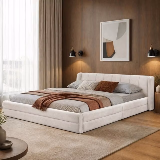 Letto matrimoniale ULEVR 140x200 cm imbottito in ciniglia beige con testiera trapuntata e portata fino a 250 kg