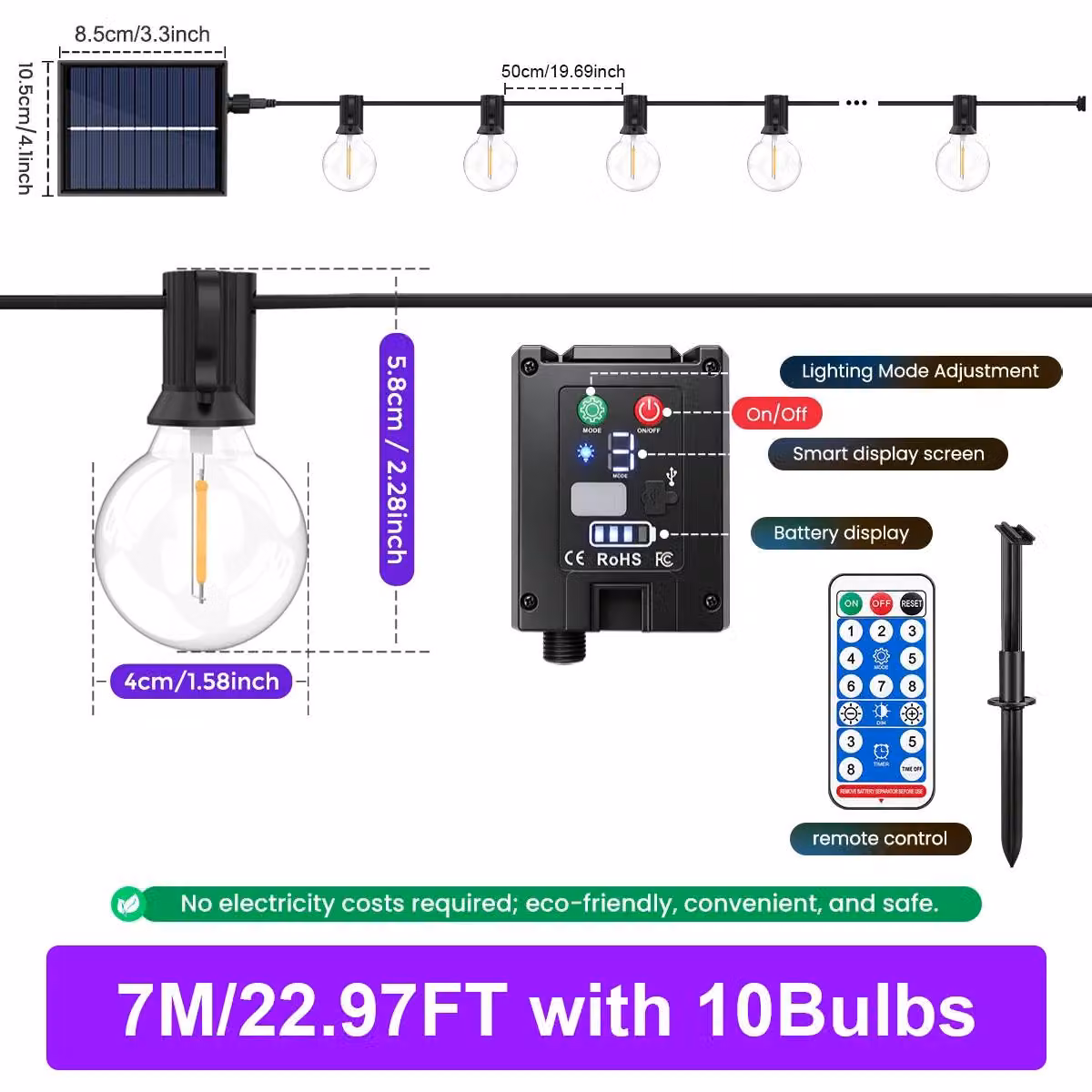 Catena luminosa a LED con lampadine a forma di sfera - Modello alimentato a energia solare - Lunghezza 7 metri con 10 lampadine LED - Telecomando - Timer con impostazioni di 3/5/8 ore - 8 modalità di illuminazione - Grado di protezione IP44