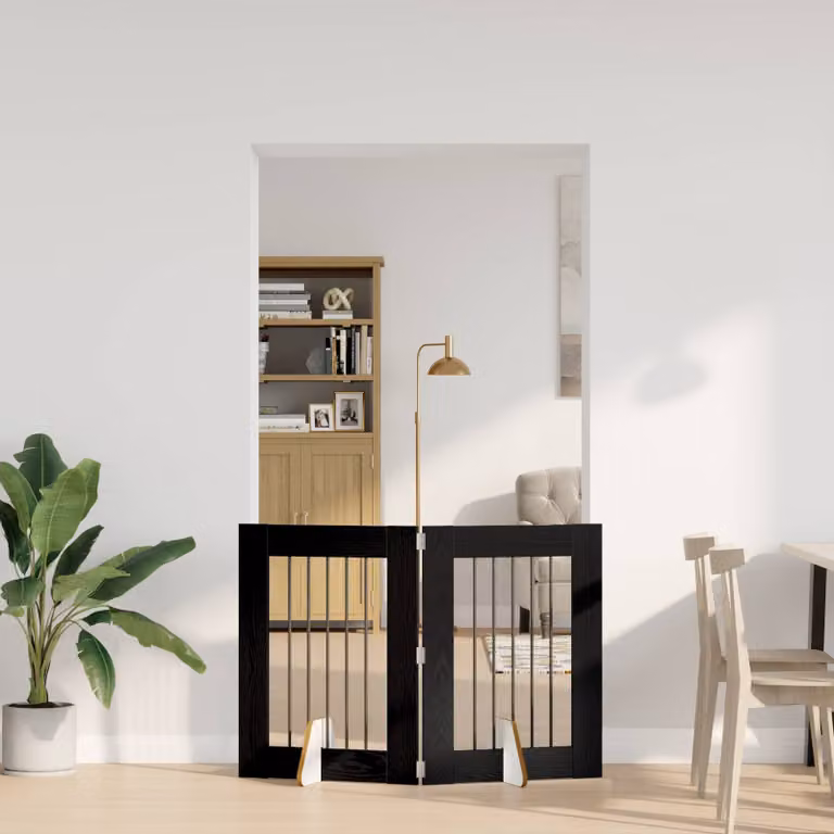 vidaXL Cancello per cani pieghevole con 2 supporti, colore nero e rovere