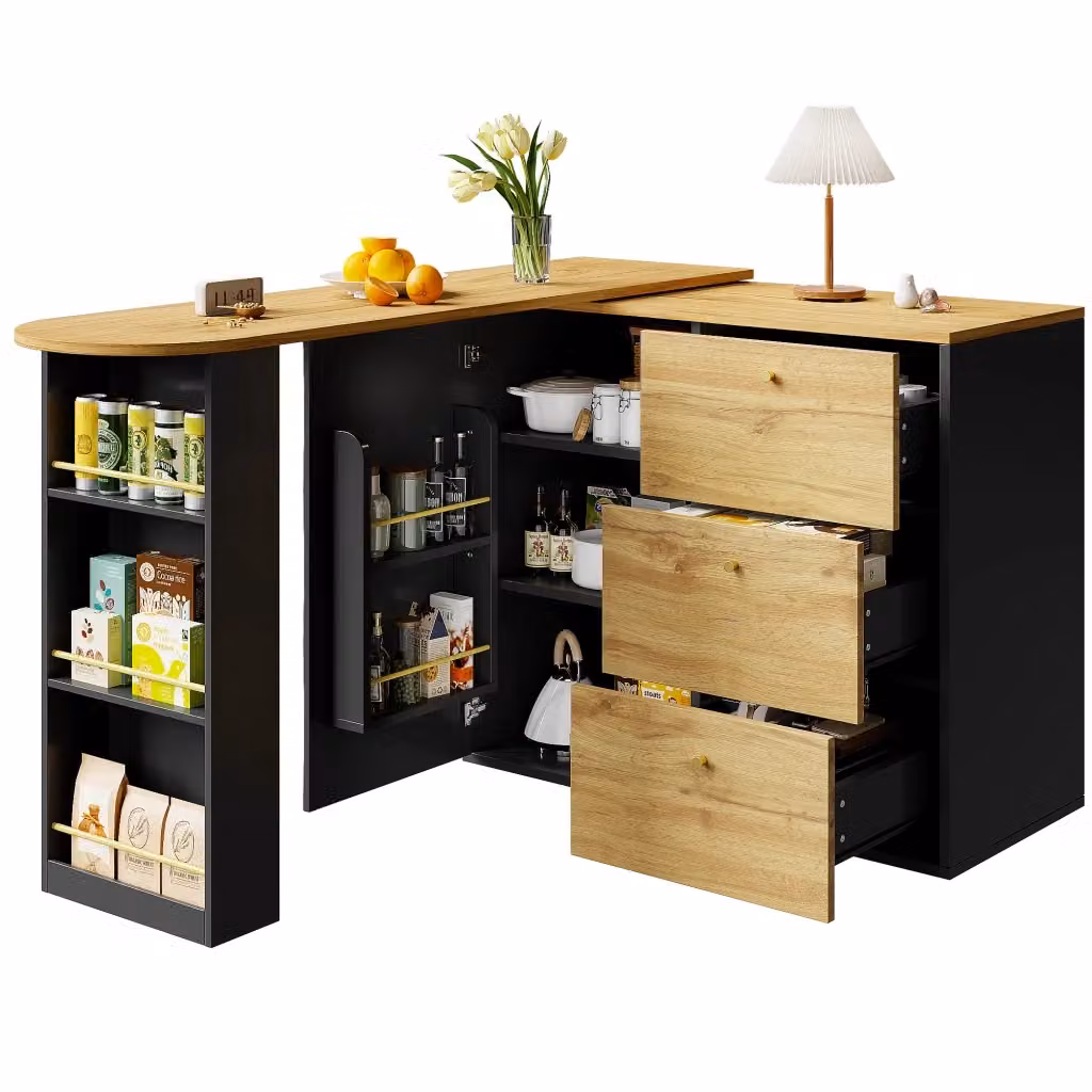 Tavolo da Bar Chicfurn Estensibile e Girevole con 3 Cassetti e 3 Ripiani in MDF Nero – 2
