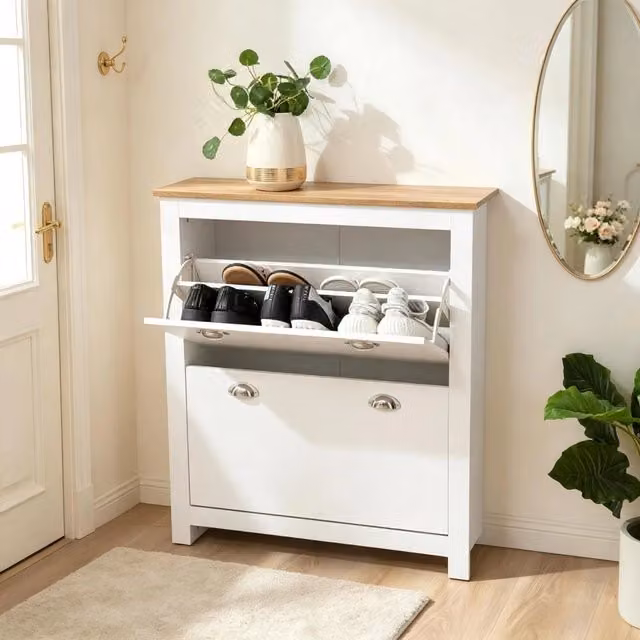 Scarpiera a ribalta con due cassetti e ripiani regolabili in MDF rovere e bianco 79 × 23 × 90;5 cm