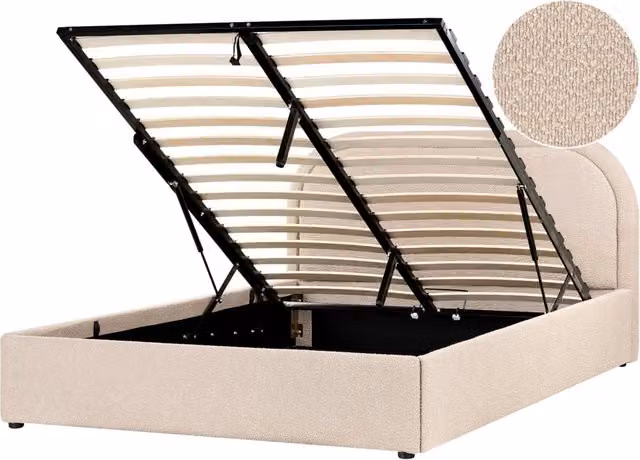 Letto moderno con contenitore e testata imbottita in bouclé beige chiaro 140 x 200 cm