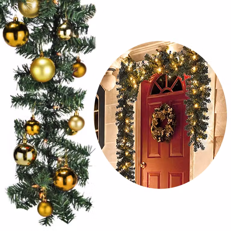 Ghirlanda di abete XL a LED 540 cm con 70 LED e 30 decorazioni dorate per l'albero