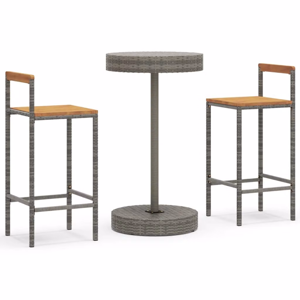 Set Bar Giardino 3pz Grigio Polyrattan e Legno Massello Acacia