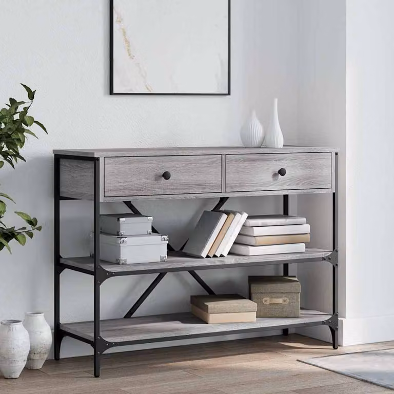 vidaXL Tavolino Consolle con Cassetti e Ripiani Grigio Sonoma in Legno e Metallo L: 80 cm, P: 34,5 cm, H: 75 cm