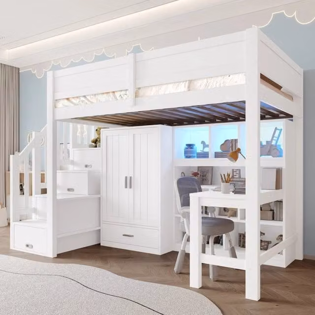Letto a soppalco singolo MIVRAY in legno bianco con scrivania, armadio, scaffali, scala contenitore e illuminazione LED, L/P/H: 200 x 90 x 170 cm – 1