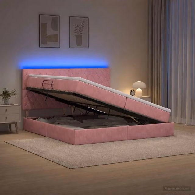 Letto con contenitore e illuminazione LED vidaXL in velluto rosa con porta USB, L/P/H: 200 x 200 x 140 cm – 1