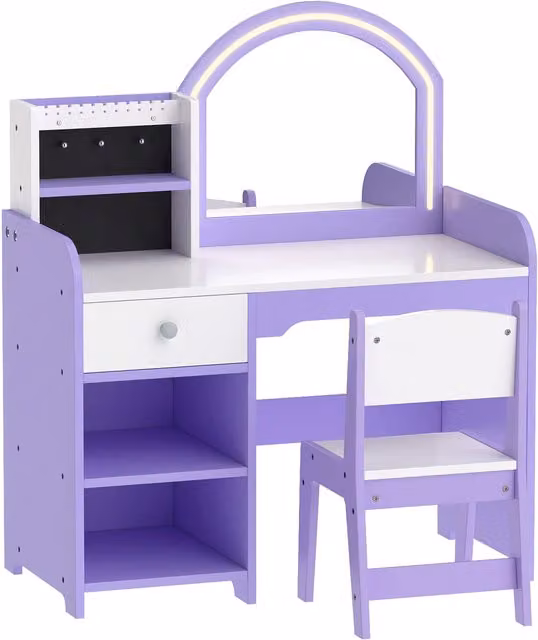 Set Toeletta Trucco Bambina 2 in 1 AIYAPLAY con Sgabello, Specchio Hollywood LED a 2 Colori e Portagioielli, Colore Viola