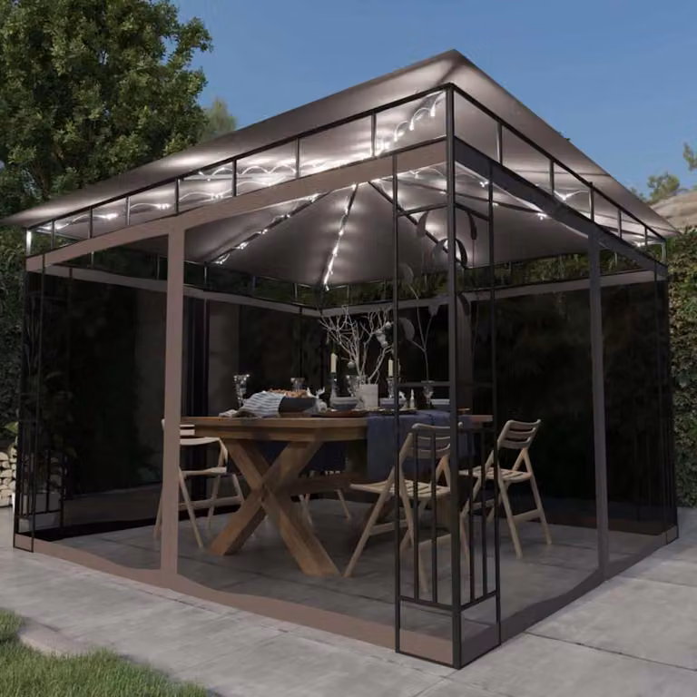 Gazebo vidaXL con Zanzariera e Luci LED in Acciaio e Poliestere, Grigio, L: 300 cm, P: 300 cm, H: 273 cm